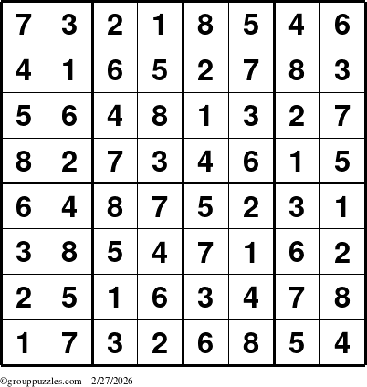 The grouppuzzles.com Answer grid for the Sudoku-8up puzzle for Friday February 27, 2026