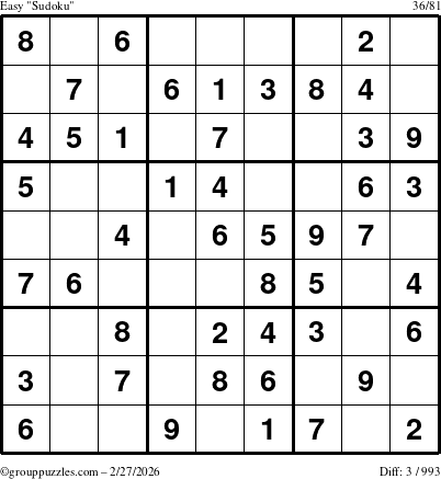 The grouppuzzles.com Easy Sudoku puzzle for Friday February 27, 2026