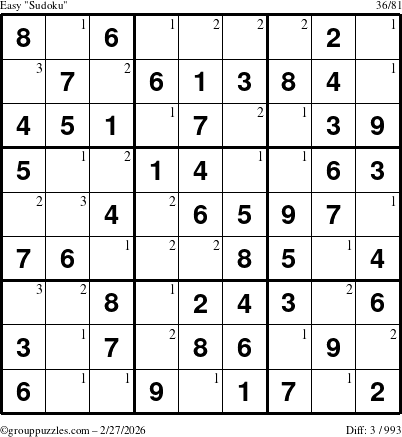 The grouppuzzles.com Easy Sudoku puzzle for Friday February 27, 2026 with the first 3 steps marked