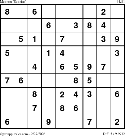 The grouppuzzles.com Medium Sudoku puzzle for Friday February 27, 2026