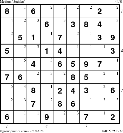 The grouppuzzles.com Medium Sudoku puzzle for Friday February 27, 2026 with all 5 steps marked