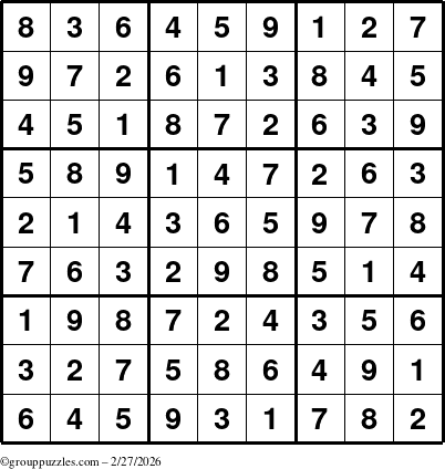 The grouppuzzles.com Answer grid for the Sudoku puzzle for Friday February 27, 2026