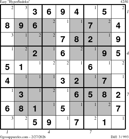 The grouppuzzles.com Easy HyperSudoku puzzle for Friday February 27, 2026, suitable for printing, with all 3 steps marked