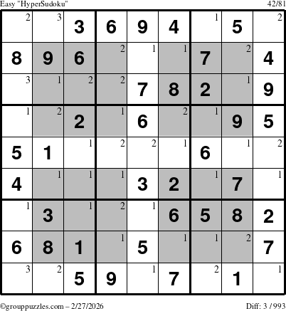 The grouppuzzles.com Easy HyperSudoku puzzle for Friday February 27, 2026 with the first 3 steps marked