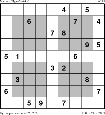 The grouppuzzles.com Medium HyperSudoku puzzle for Friday February 27, 2026