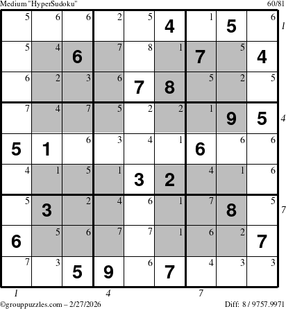 The grouppuzzles.com Medium HyperSudoku puzzle for Friday February 27, 2026, suitable for printing, with all 8 steps marked