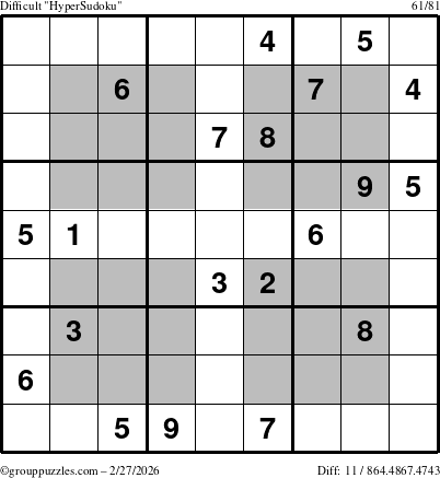 The grouppuzzles.com Difficult HyperSudoku puzzle for Friday February 27, 2026