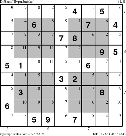 The grouppuzzles.com Difficult HyperSudoku puzzle for Friday February 27, 2026, suitable for printing, with all 11 steps marked