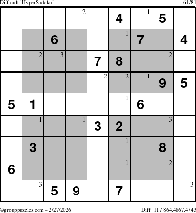 The grouppuzzles.com Difficult HyperSudoku puzzle for Friday February 27, 2026 with the first 3 steps marked