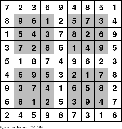 The grouppuzzles.com Answer grid for the HyperSudoku puzzle for Friday February 27, 2026