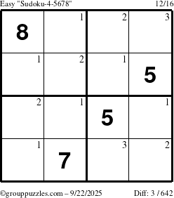 The grouppuzzles.com Easy Sudoku-4-5678 puzzle for Monday September 22, 2025 with the first 3 steps marked