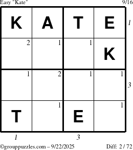 The grouppuzzles.com Easy Kate puzzle for Monday September 22, 2025, suitable for printing, with all 2 steps marked