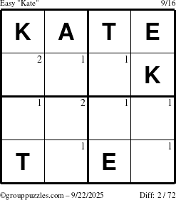 The grouppuzzles.com Easy Kate puzzle for Monday September 22, 2025 with the first 2 steps marked