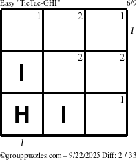 The grouppuzzles.com Easy TicTac-GHI puzzle for Monday September 22, 2025 with all 2 steps marked
