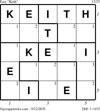 The grouppuzzles.com Easy Keith puzzle for Monday September 22, 2025, suitable for printing, with all 3 steps marked