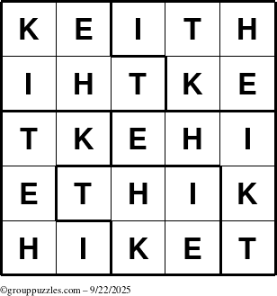 The grouppuzzles.com Answer grid for the Keith puzzle for Monday September 22, 2025