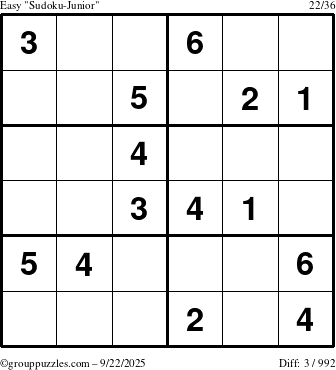 The grouppuzzles.com Easy Sudoku-Junior puzzle for Monday September 22, 2025