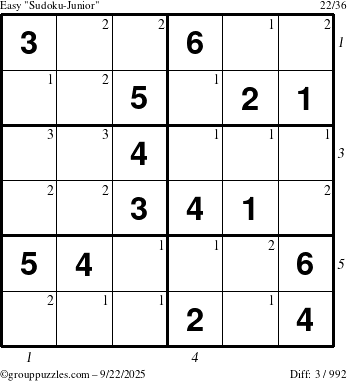 The grouppuzzles.com Easy Sudoku-Junior puzzle for Monday September 22, 2025 with all 3 steps marked