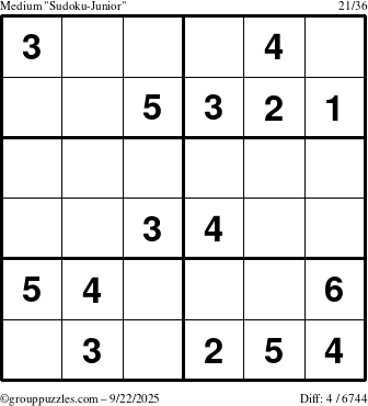 The grouppuzzles.com Medium Sudoku-Junior puzzle for Monday September 22, 2025