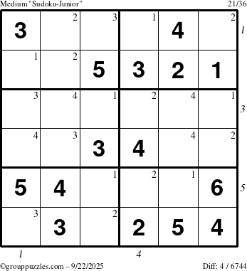 The grouppuzzles.com Medium Sudoku-Junior puzzle for Monday September 22, 2025 with all 4 steps marked