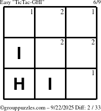 The grouppuzzles.com Easy TicTac-GHI puzzle for Monday September 22, 2025 with the first 2 steps marked