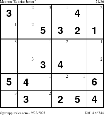 The grouppuzzles.com Medium Sudoku-Junior puzzle for Monday September 22, 2025 with the first 3 steps marked