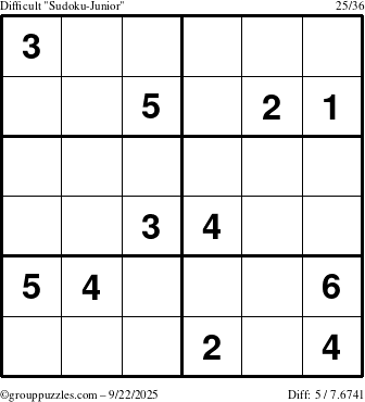 The grouppuzzles.com Difficult Sudoku-Junior puzzle for Monday September 22, 2025