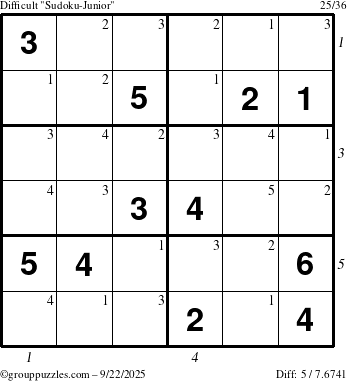 The grouppuzzles.com Difficult Sudoku-Junior puzzle for Monday September 22, 2025 with all 5 steps marked