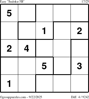 The grouppuzzles.com Easy Sudoku-5B puzzle for Monday September 22, 2025
