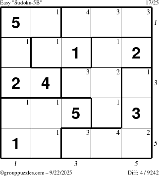 The grouppuzzles.com Easy Sudoku-5B puzzle for Monday September 22, 2025 with all 4 steps marked