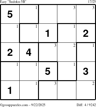The grouppuzzles.com Easy Sudoku-5B puzzle for Monday September 22, 2025 with the first 3 steps marked