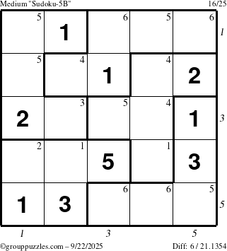 The grouppuzzles.com Medium Sudoku-5B puzzle for Monday September 22, 2025, suitable for printing, with all 6 steps marked