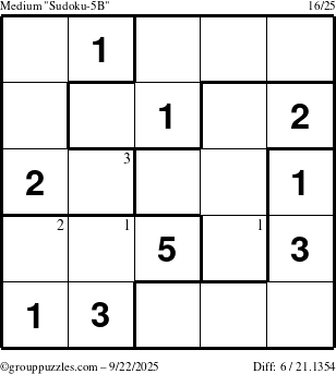 The grouppuzzles.com Medium Sudoku-5B puzzle for Monday September 22, 2025 with the first 3 steps marked