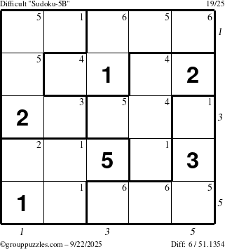 The grouppuzzles.com Difficult Sudoku-5B puzzle for Monday September 22, 2025, suitable for printing, with all 6 steps marked