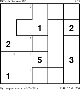 The grouppuzzles.com Difficult Sudoku-5B puzzle for Monday September 22, 2025 with the first 3 steps marked