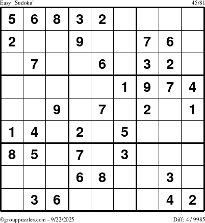 The grouppuzzles.com Easy Sudoku puzzle for Monday September 22, 2025