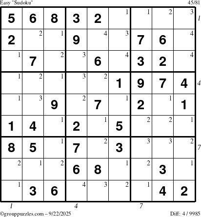 The grouppuzzles.com Easy Sudoku puzzle for Monday September 22, 2025, suitable for printing, with all 4 steps marked