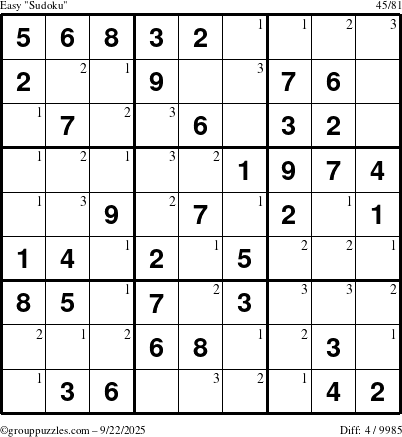 The grouppuzzles.com Easy Sudoku puzzle for Monday September 22, 2025 with the first 3 steps marked