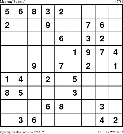 The grouppuzzles.com Medium Sudoku puzzle for Monday September 22, 2025