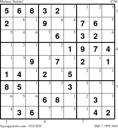The grouppuzzles.com Medium Sudoku puzzle for Monday September 22, 2025, suitable for printing, with all 7 steps marked