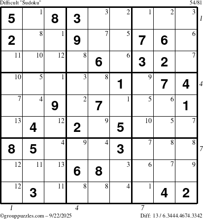 The grouppuzzles.com Difficult Sudoku puzzle for Monday September 22, 2025 with all 13 steps marked