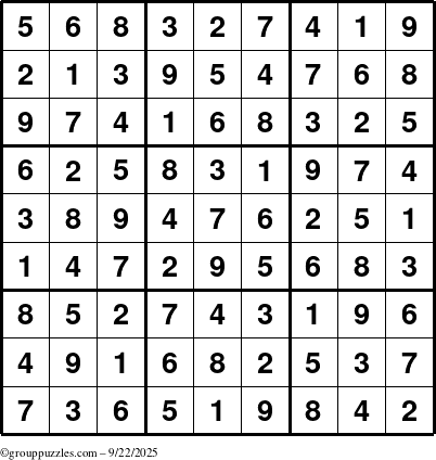 The grouppuzzles.com Answer grid for the Sudoku puzzle for Monday September 22, 2025