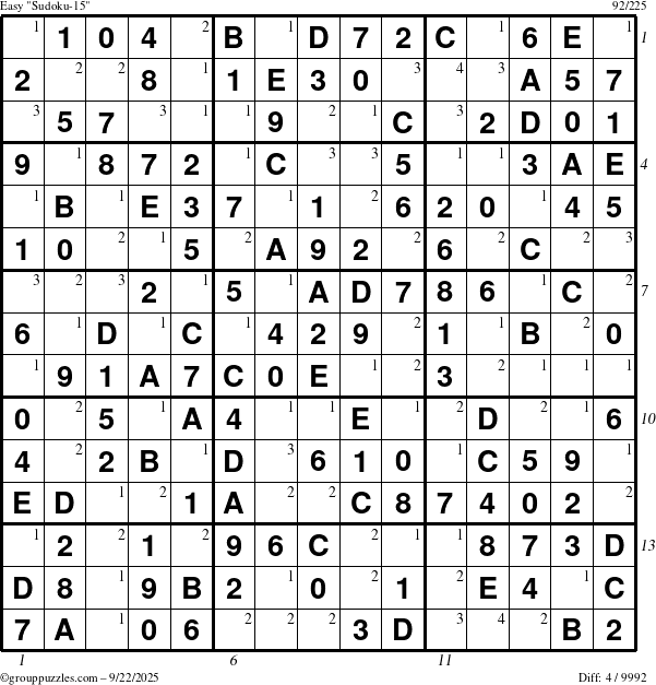 The grouppuzzles.com Easy Sudoku-15 puzzle for Monday September 22, 2025 with all 4 steps marked