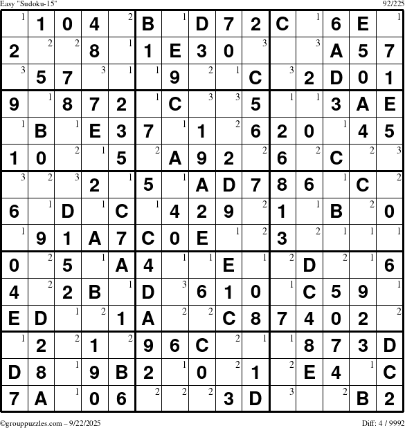 The grouppuzzles.com Easy Sudoku-15 puzzle for Monday September 22, 2025 with the first 3 steps marked