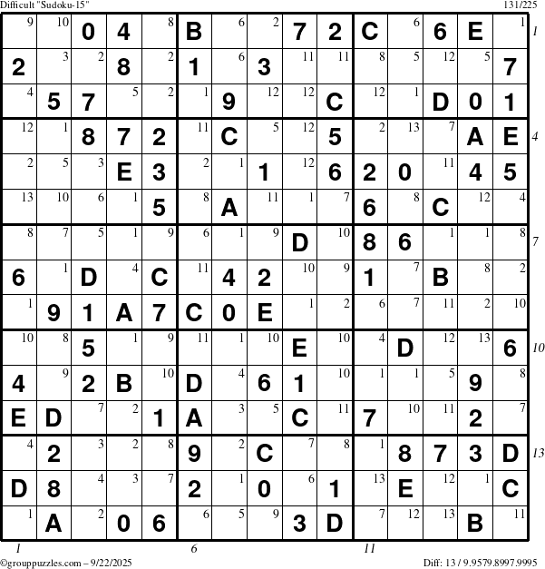 The grouppuzzles.com Difficult Sudoku-15 puzzle for Monday September 22, 2025 with all 13 steps marked