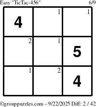The grouppuzzles.com Easy TicTac-456 puzzle for Monday September 22, 2025 with the first 2 steps marked
