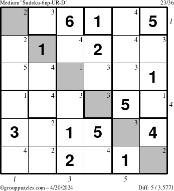The grouppuzzles.com Medium Sudoku-6up-UR-D puzzle for Saturday April 20, 2024 with all 5 steps marked