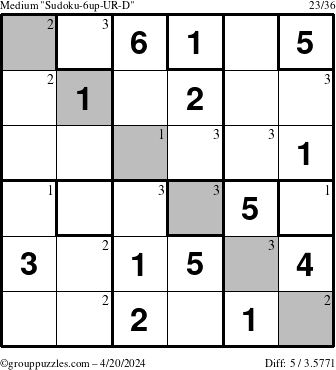 The grouppuzzles.com Medium Sudoku-6up-UR-D puzzle for Saturday April 20, 2024 with the first 3 steps marked