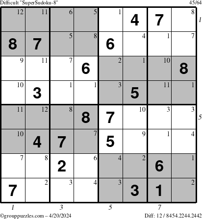The grouppuzzles.com Difficult SuperSudoku-8 puzzle for Saturday April 20, 2024 with all 12 steps marked
