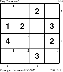 The grouppuzzles.com Easy Sudoku-4 puzzle for Saturday August 30, 2025 with all 2 steps marked